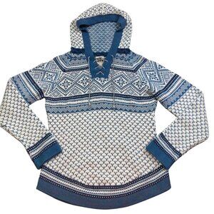 Artesania Sweater Alpaca Hoodie Tribal Boho White & Blue Pullover Women’s Small